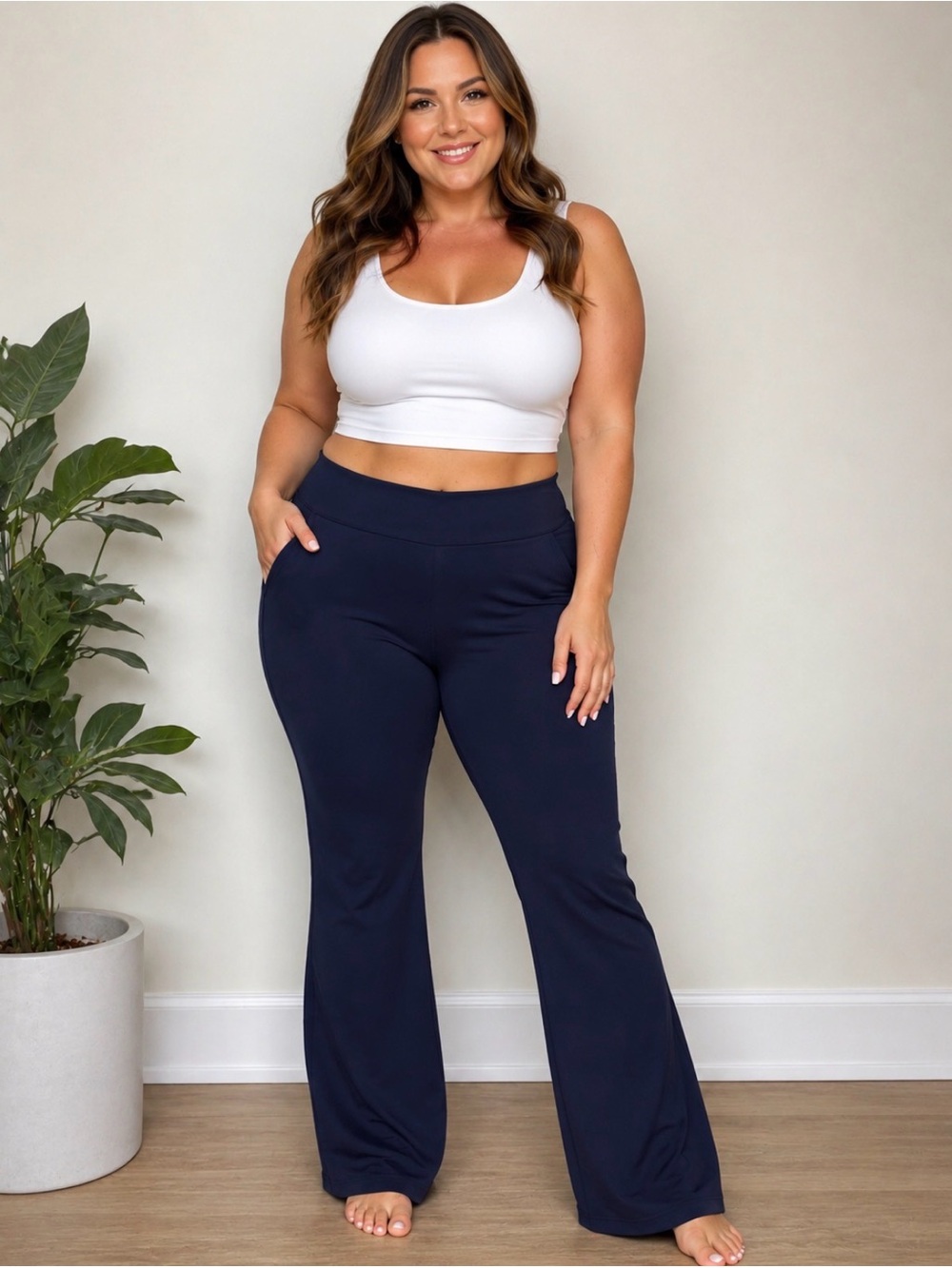 NWT DLOODA Navy Blue Flare Pants High Waist Stretch Pull On